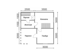 Баня из бруса 6×6 с террасой и мансардой (Б-27), 36 м²